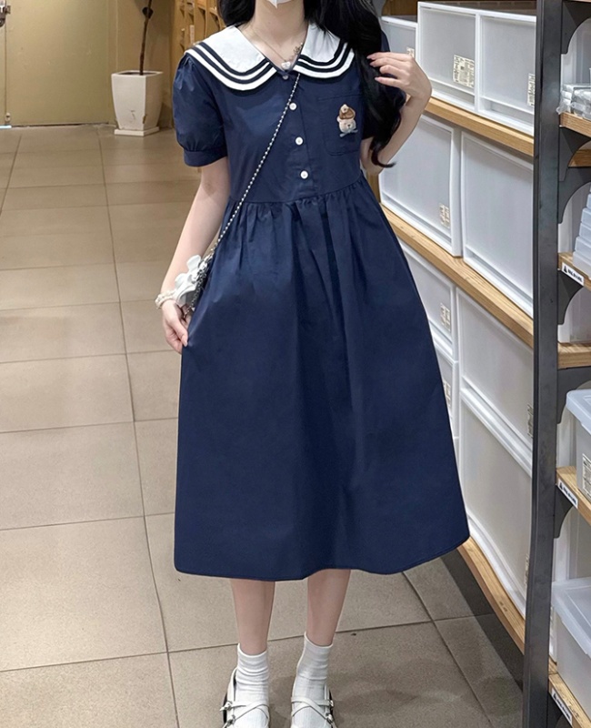 Show young navy-blue navy collar college style dress
