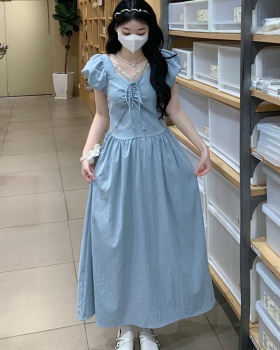 Bow all-match dress boats sleeve show young long dress