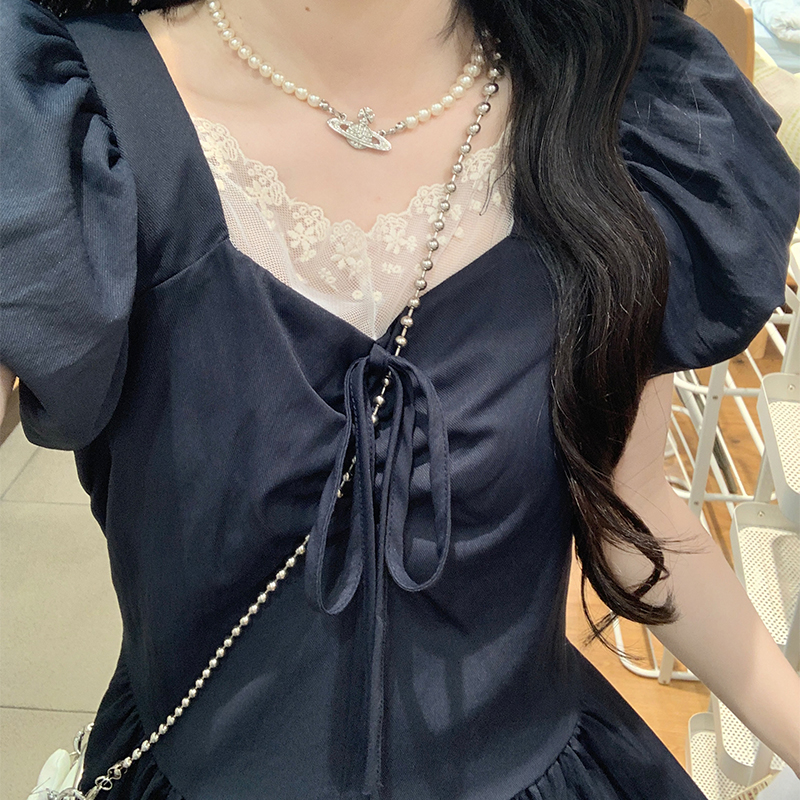 Bow all-match dress boats sleeve show young long dress