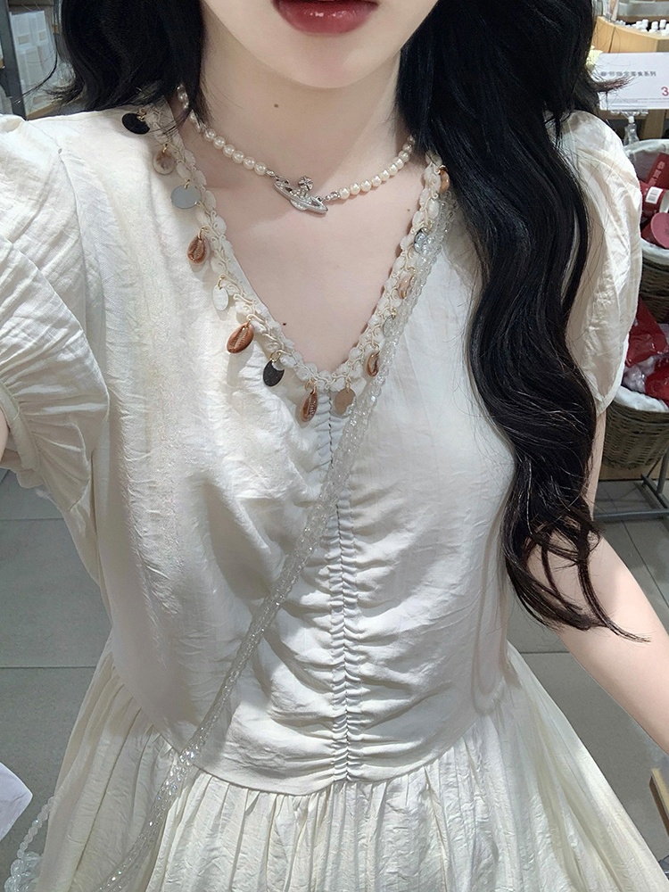 Puff sleeve fold France style sequins V-neck A-line dress