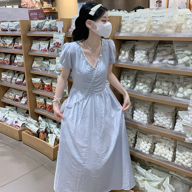 Puff sleeve fold France style sequins V-neck A-line dress