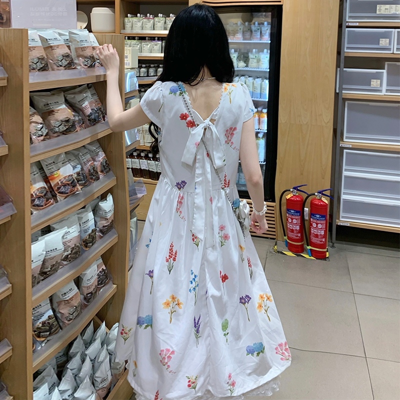 Printing summer fresh streamer bow dress