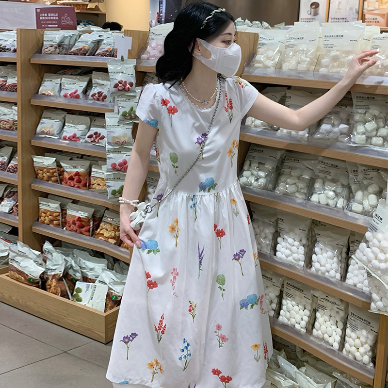 Printing summer fresh streamer bow dress