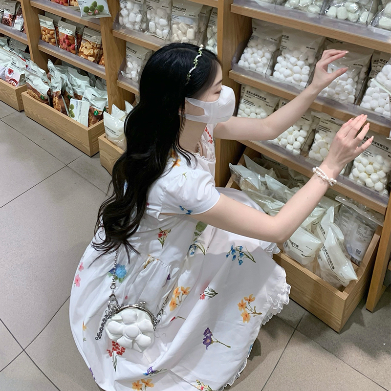 Printing summer fresh streamer bow dress