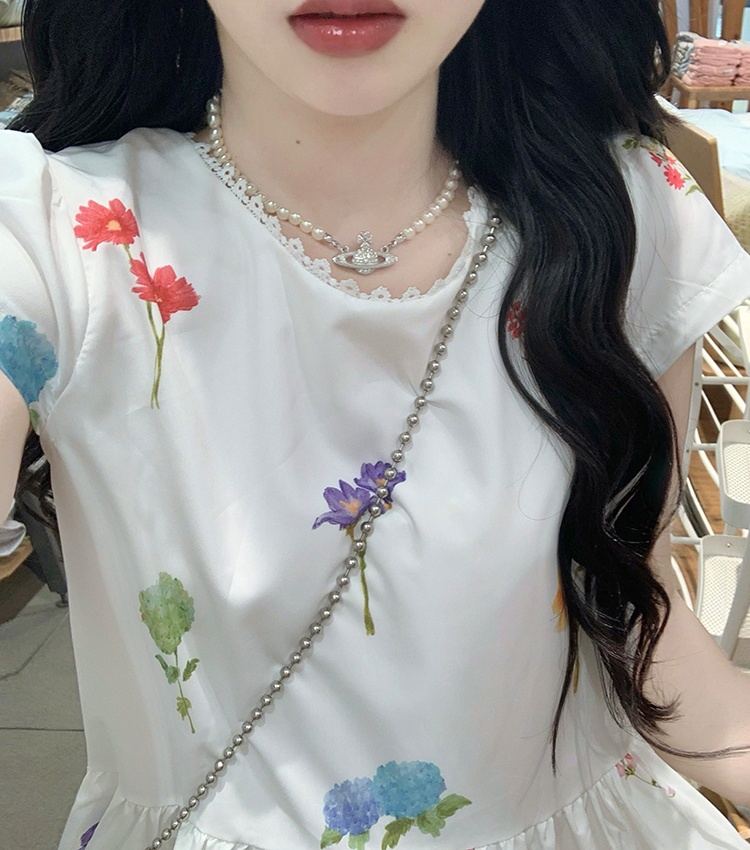 Printing summer fresh streamer bow dress