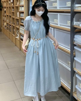 Long square collar summer dress beads puff sleeve belt