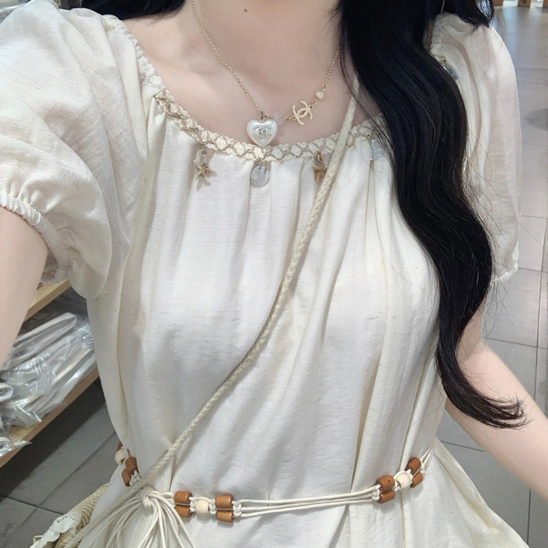 Long square collar summer dress beads puff sleeve belt