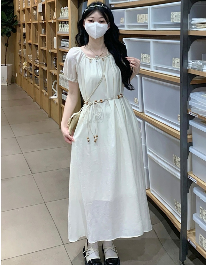 Long square collar summer dress beads puff sleeve belt