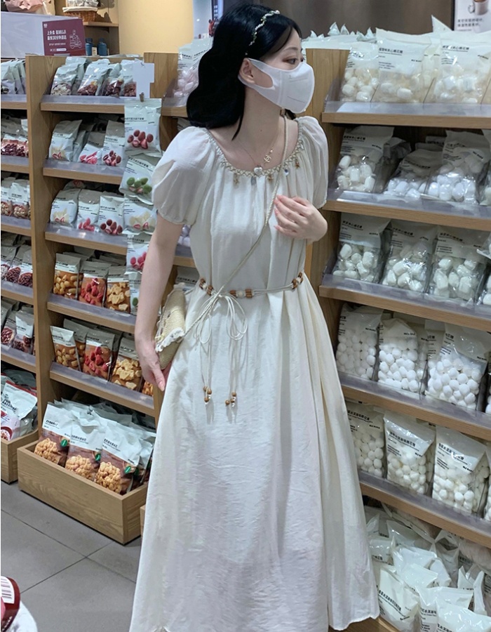 Long square collar summer dress beads puff sleeve belt