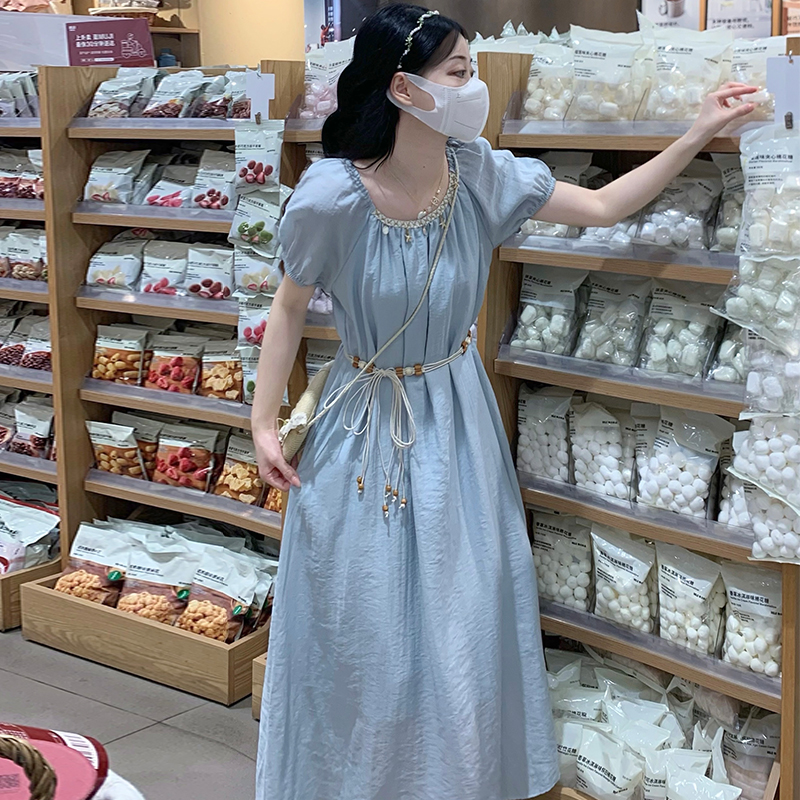 Long square collar summer dress beads puff sleeve belt