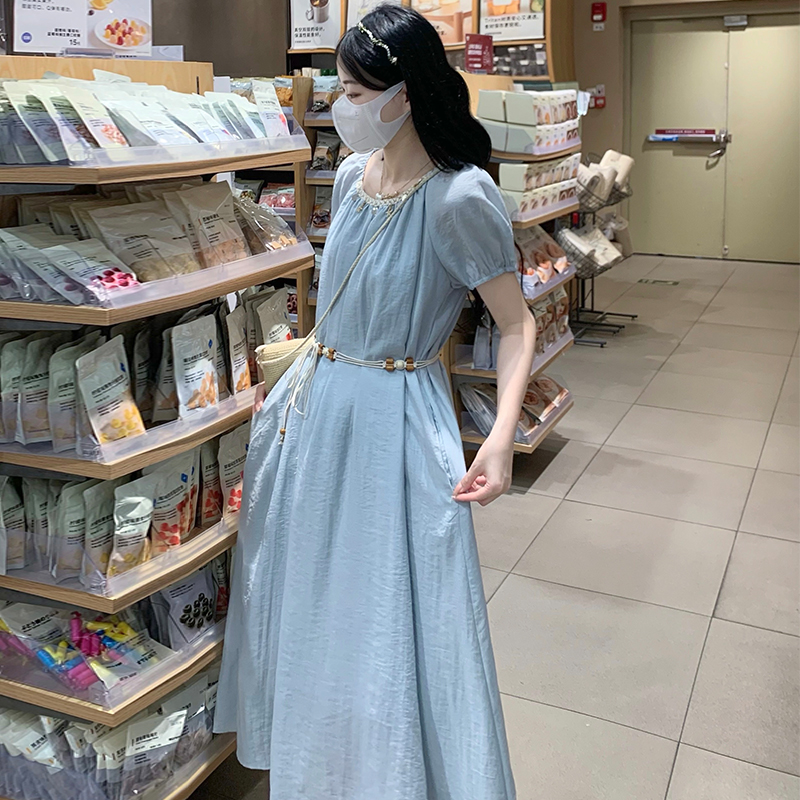 Long square collar summer dress beads puff sleeve belt