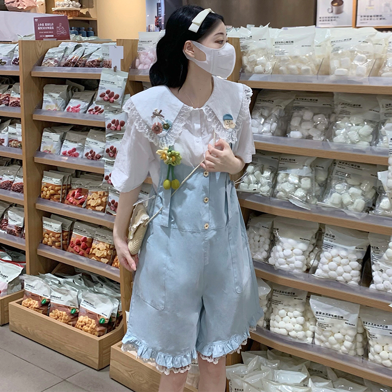 All-match lace loose bib pants white splice shirt 2pcs set