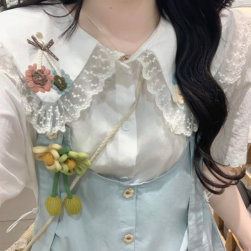 All-match lace loose bib pants white splice shirt 2pcs set