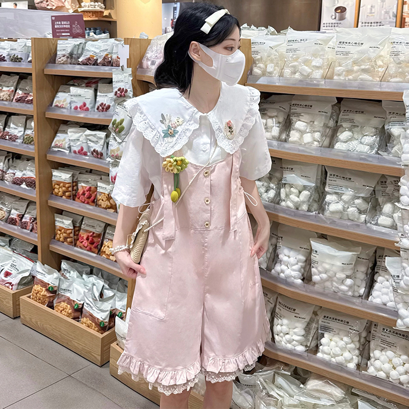 All-match lace loose bib pants white splice shirt 2pcs set