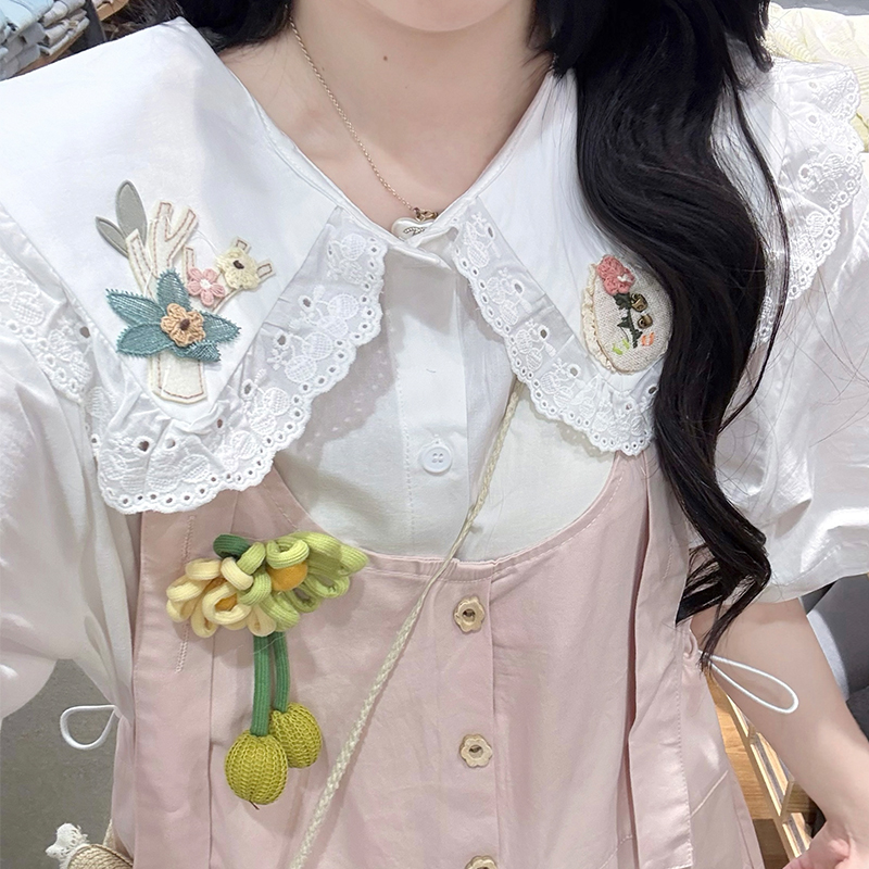 All-match lace loose bib pants white splice shirt 2pcs set