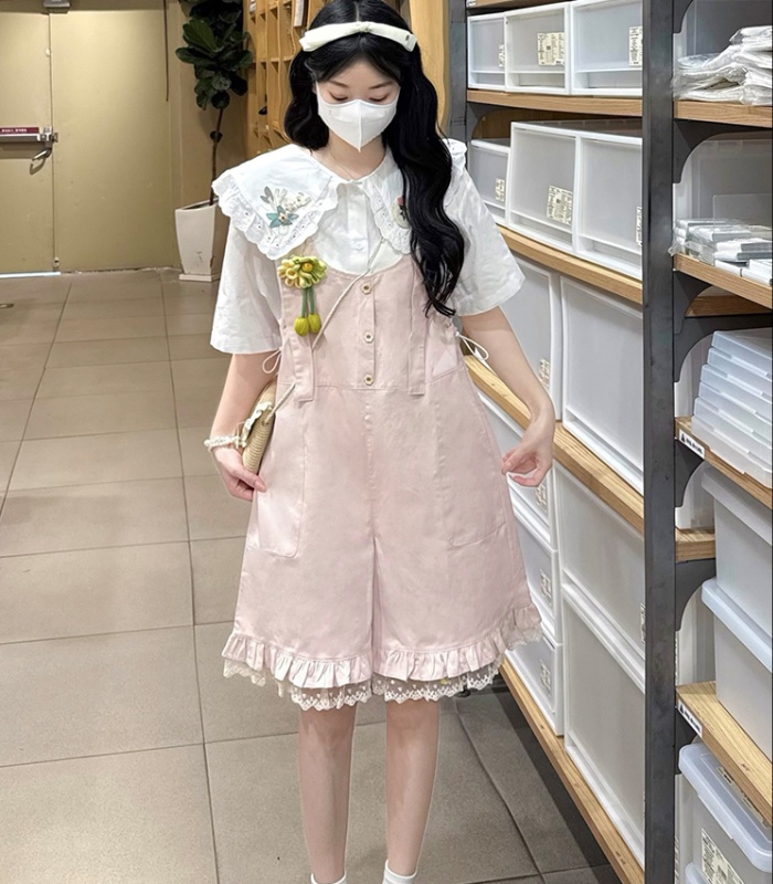 All-match lace loose bib pants white splice shirt 2pcs set