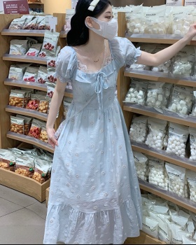 Square collar puff sleeve long dress niche lace dress