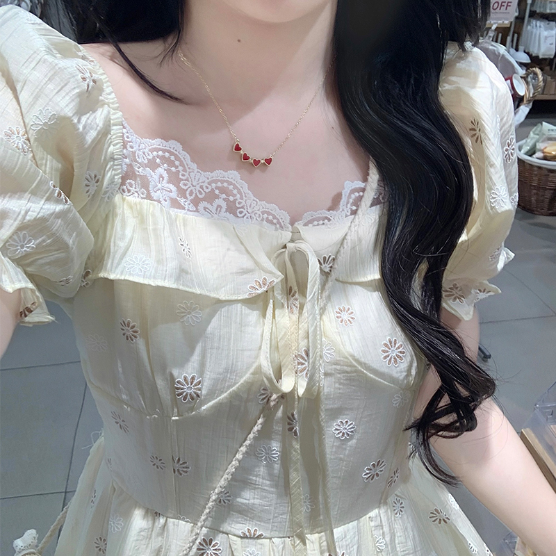 Square collar puff sleeve long dress niche lace dress