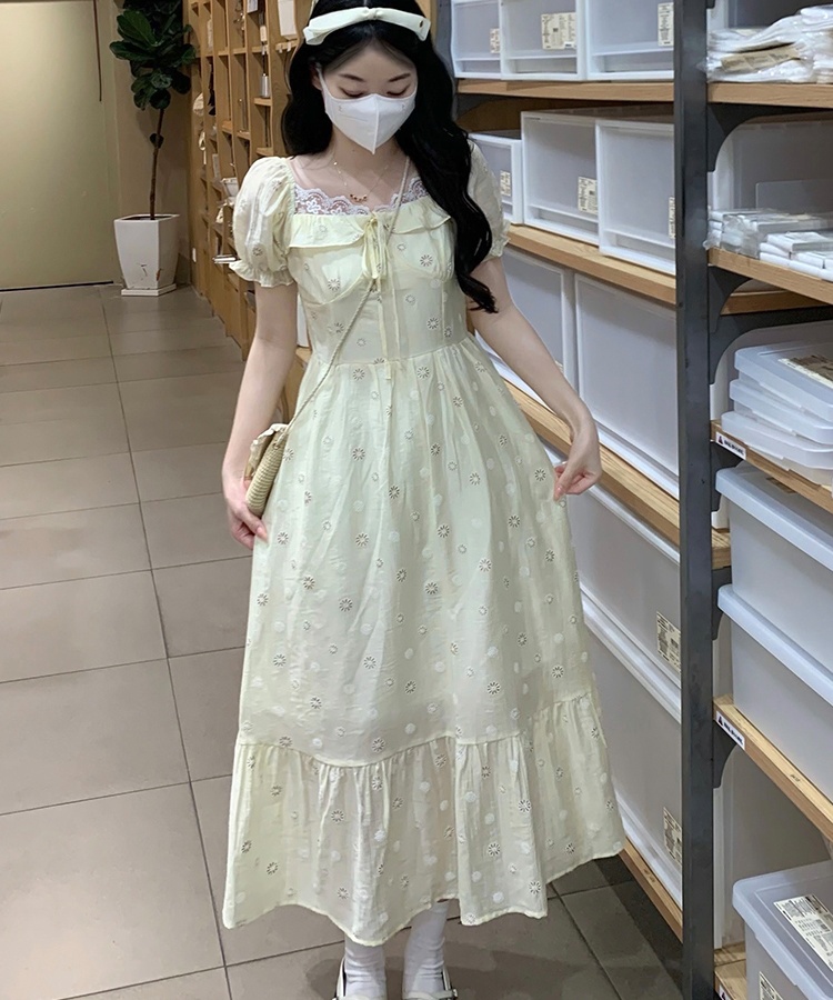 Square collar puff sleeve long dress niche lace dress