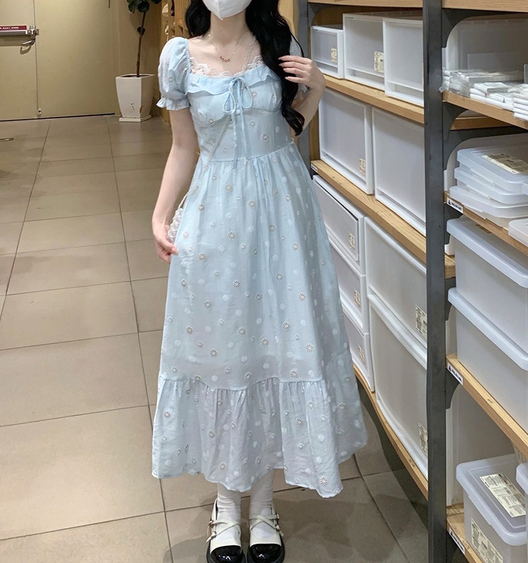 Square collar puff sleeve long dress niche lace dress