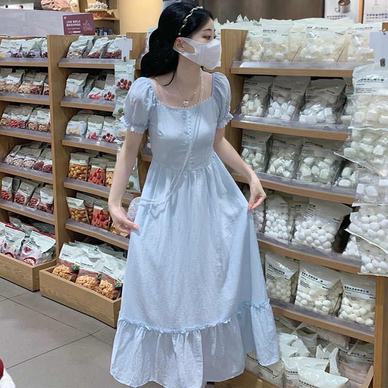 Blue France style summer slim dress for women