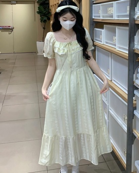 Puff sleeve niche square collar lace long dress