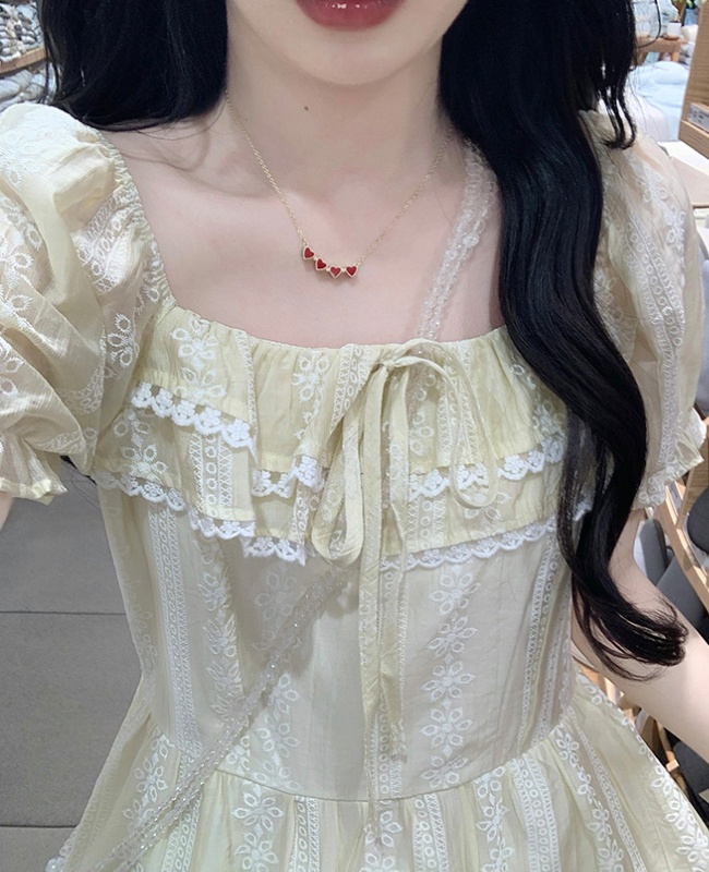 Puff sleeve niche square collar lace long dress