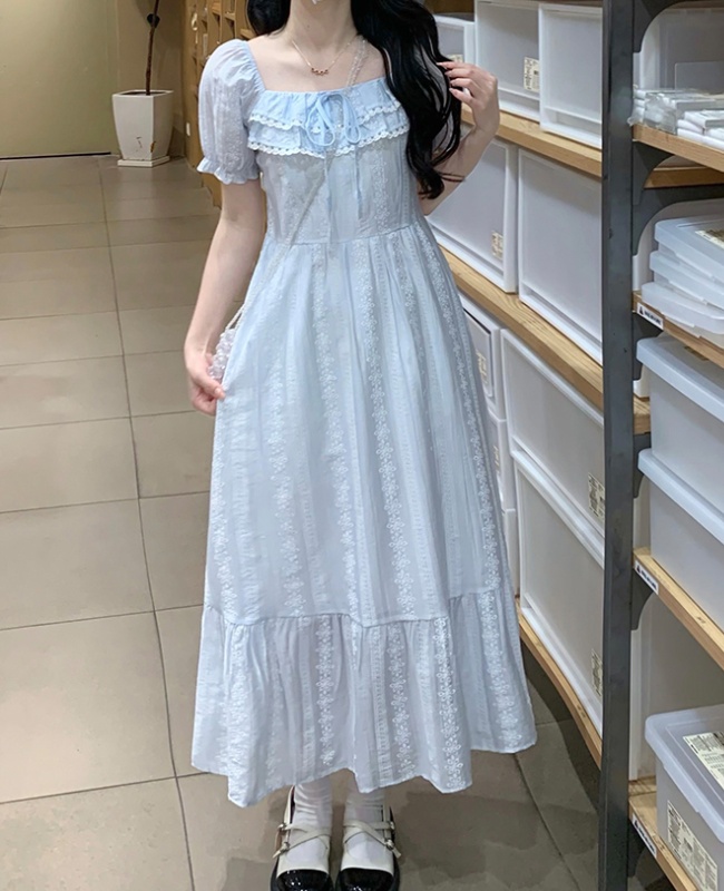 Puff sleeve niche square collar lace long dress
