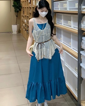 Temperament blue dress sweet vacation long dress 2pcs set