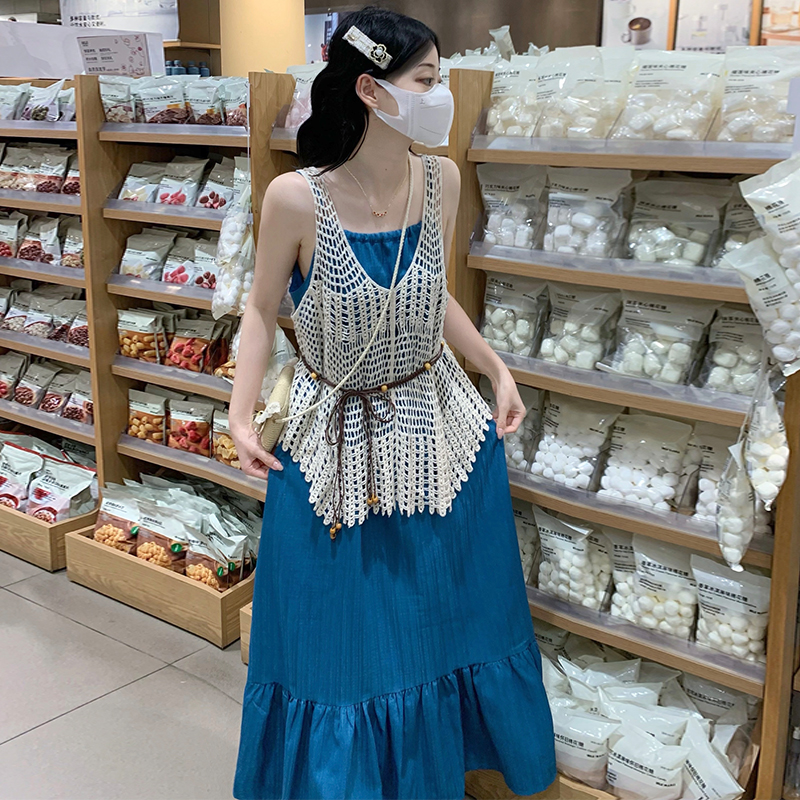 Temperament blue dress sweet vacation long dress 2pcs set