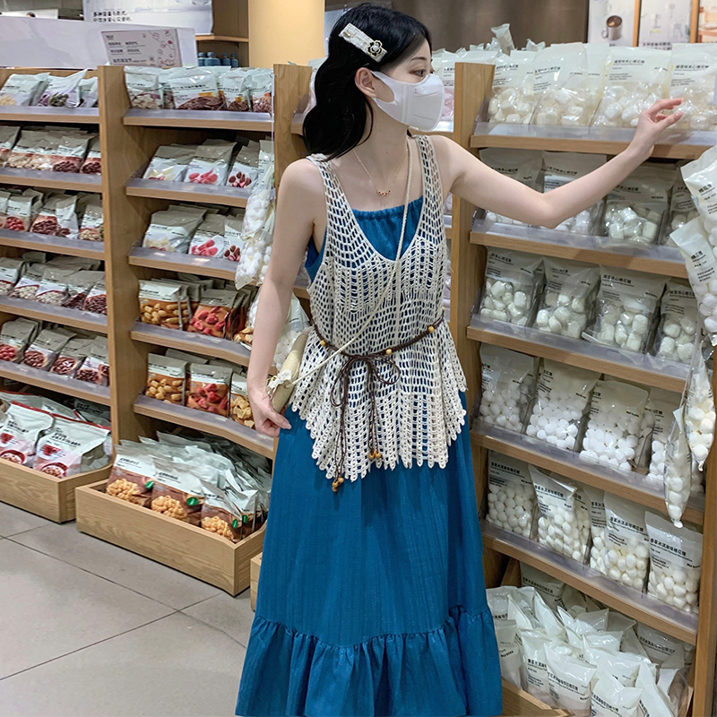 Temperament blue dress sweet vacation long dress 2pcs set