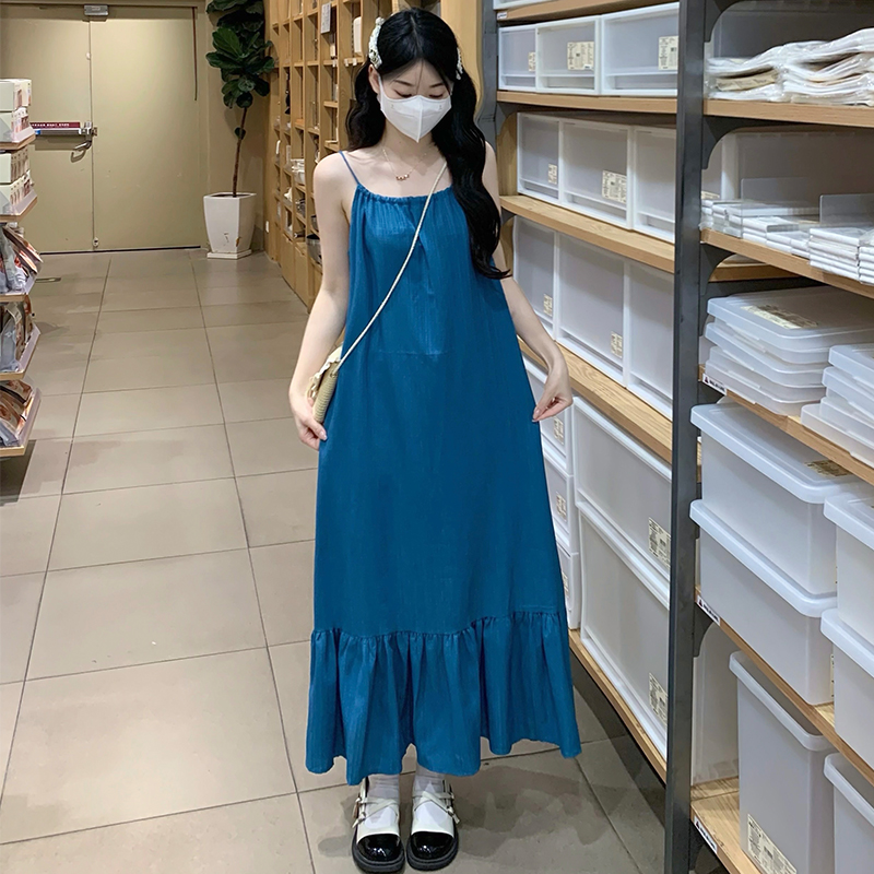 Temperament blue dress sweet vacation long dress 2pcs set