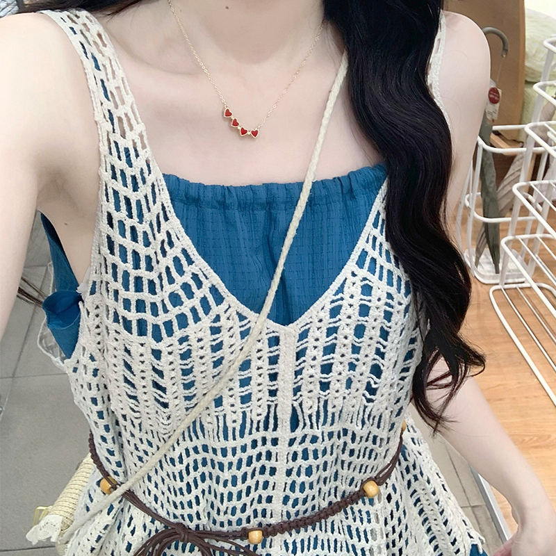 Temperament blue dress sweet vacation long dress 2pcs set