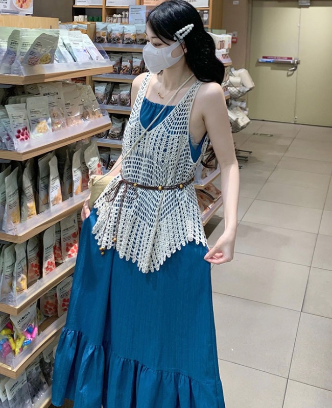 Temperament blue dress sweet vacation long dress 2pcs set