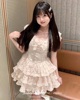 Boats sleeve floral sweet dress pinched waist cake T-back