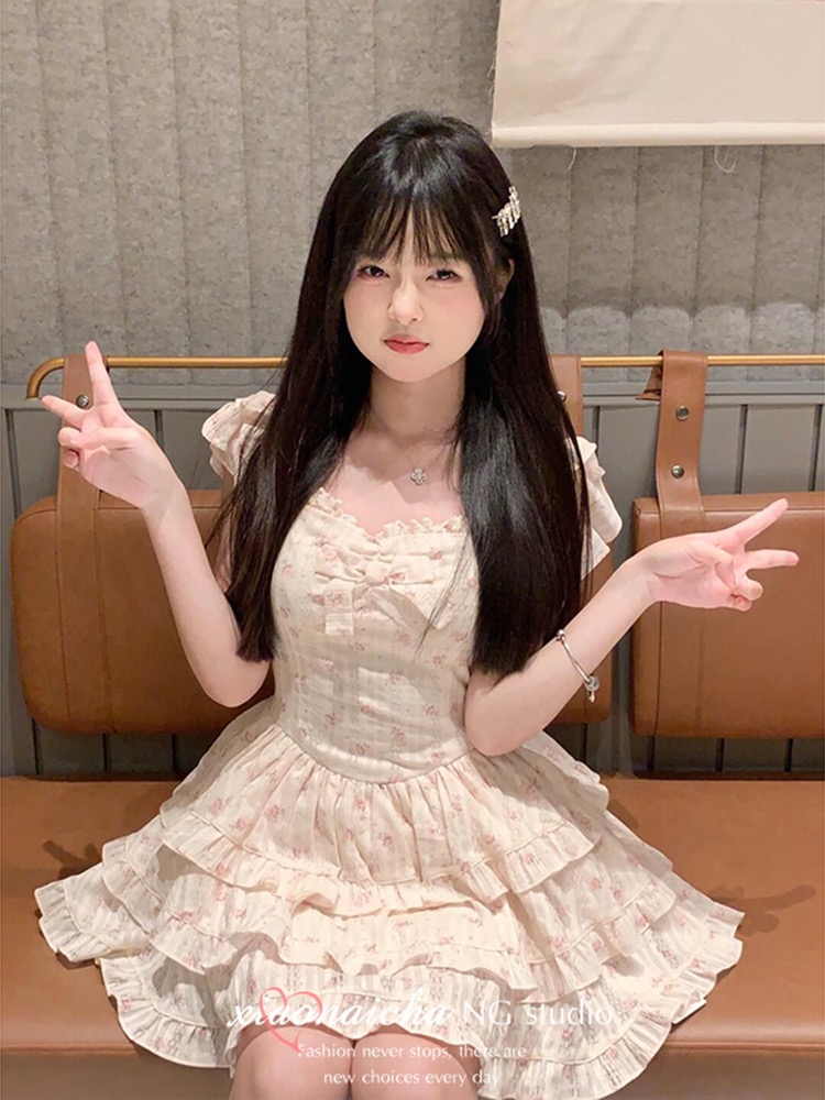 Boats sleeve floral sweet dress pinched waist cake T-back