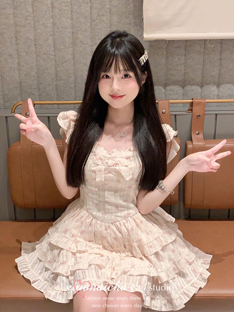 Boats sleeve floral sweet dress pinched waist cake T-back