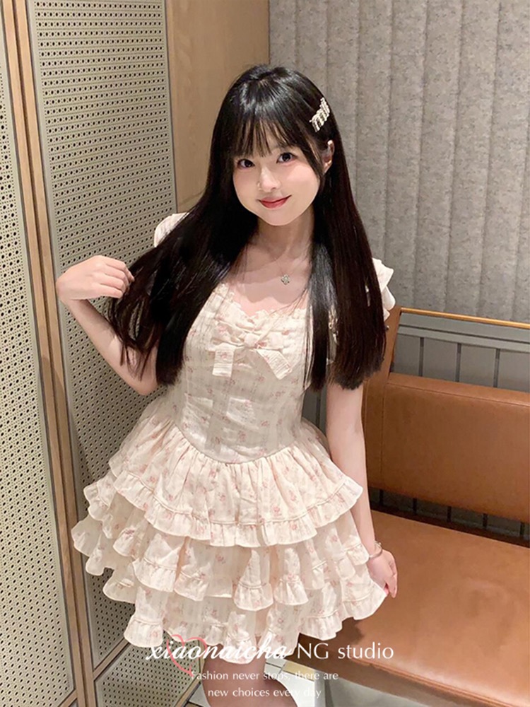 Boats sleeve floral sweet dress pinched waist cake T-back