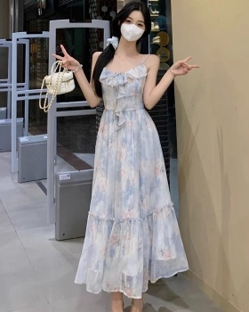Floral lotus leaf edges beach dress blue long dress