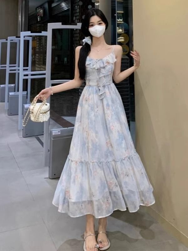Floral lotus leaf edges beach dress blue long dress