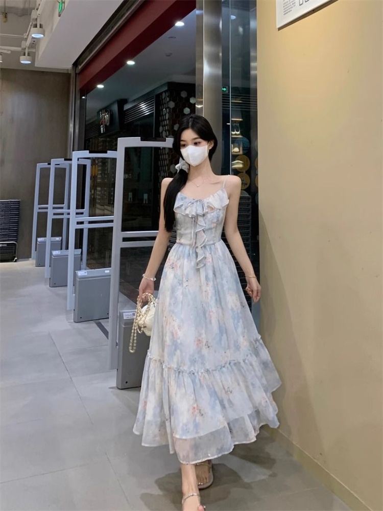 Floral lotus leaf edges beach dress blue long dress