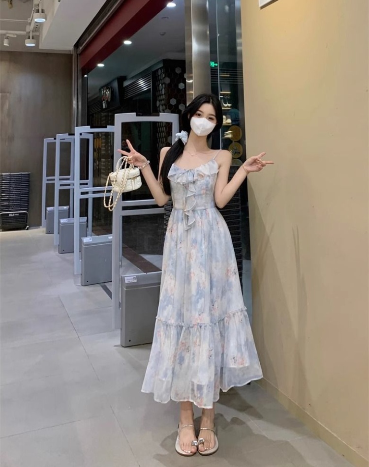 Floral lotus leaf edges beach dress blue long dress