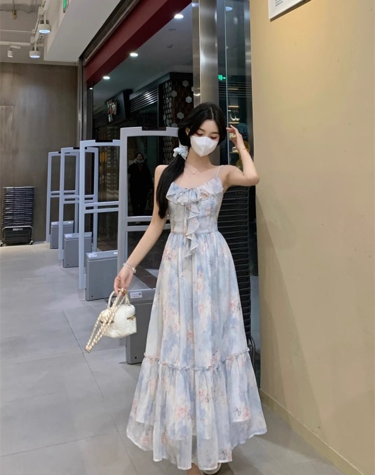 Floral lotus leaf edges beach dress blue long dress