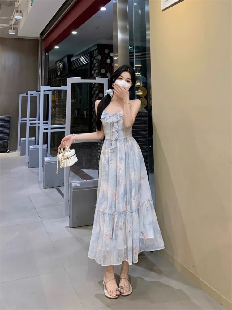 Floral lotus leaf edges beach dress blue long dress