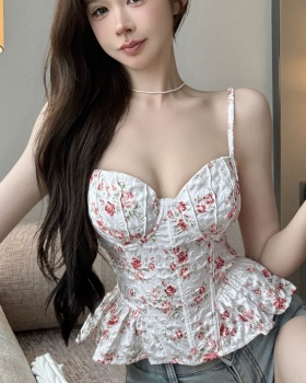 Slim vacation sling vest pinched waist floral frenum tops