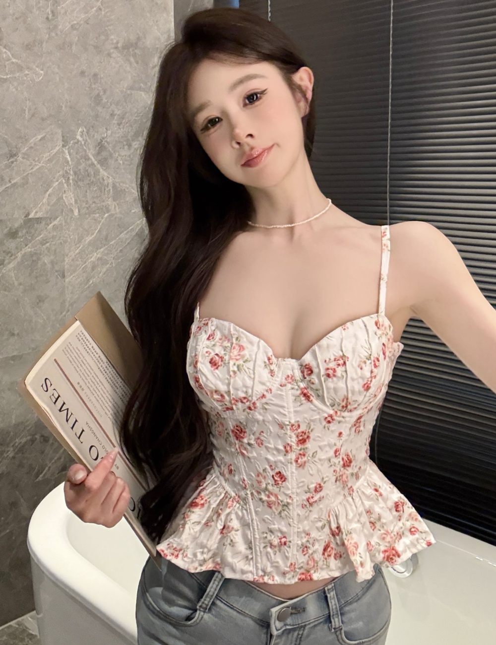 Slim vacation sling vest pinched waist floral frenum tops