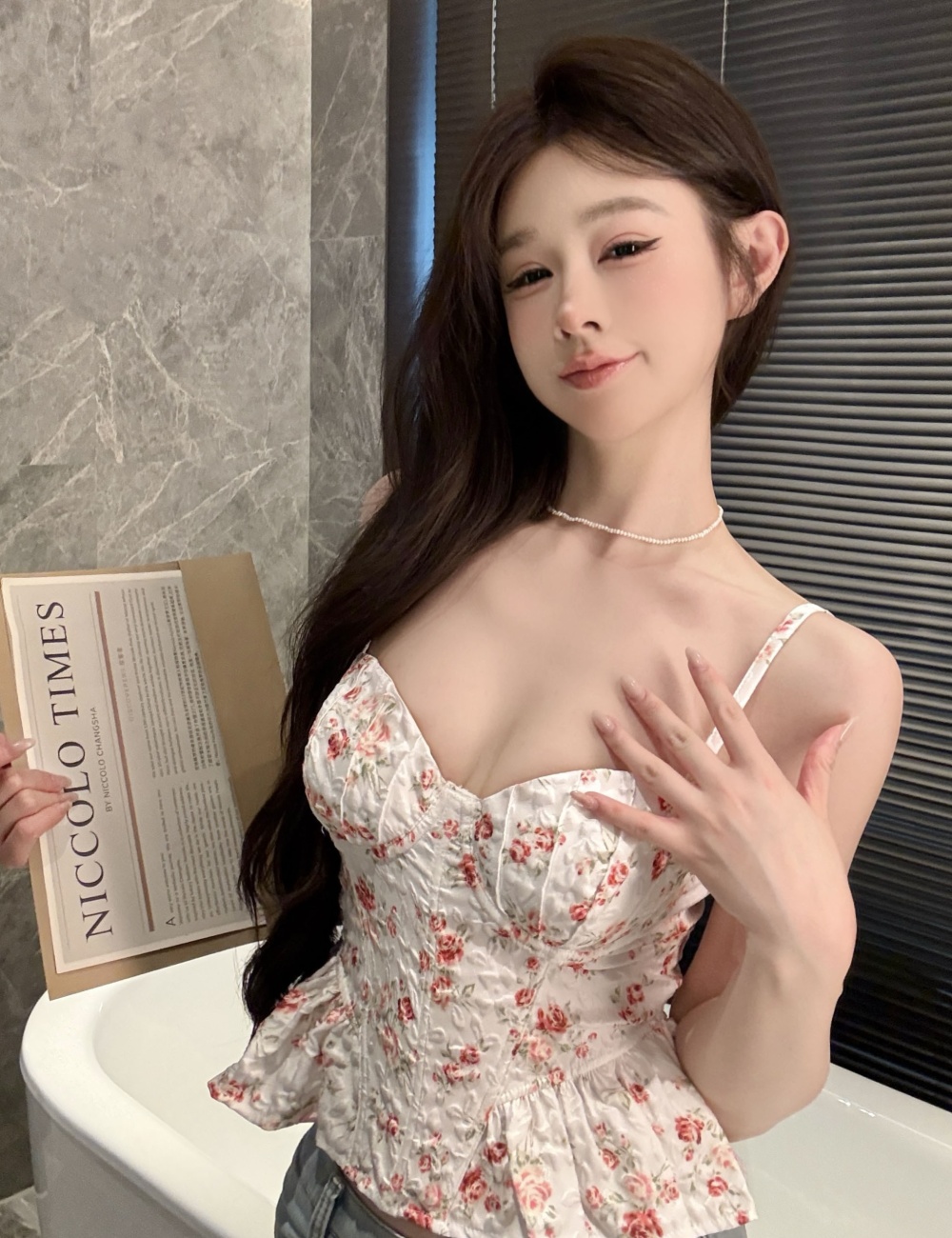 Slim vacation sling vest pinched waist floral frenum tops