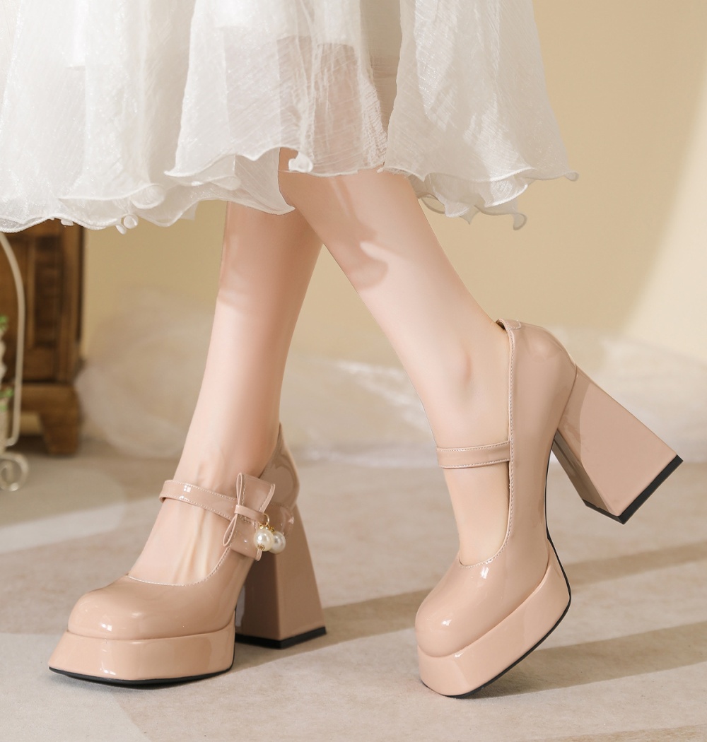 Round high-heeled platform pearl shoes for women