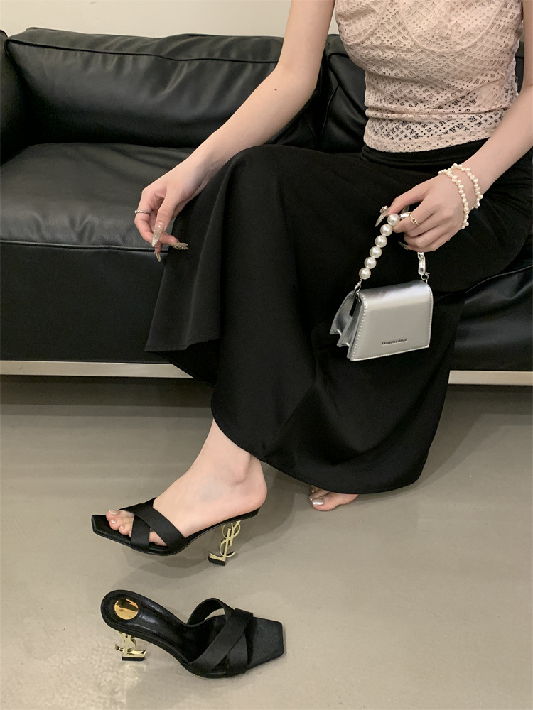 Square head France style high-heeled shoes open toe slippers