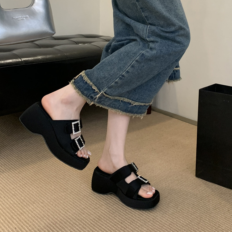 Slipsole summer double buckle Casual rhinestone slippers